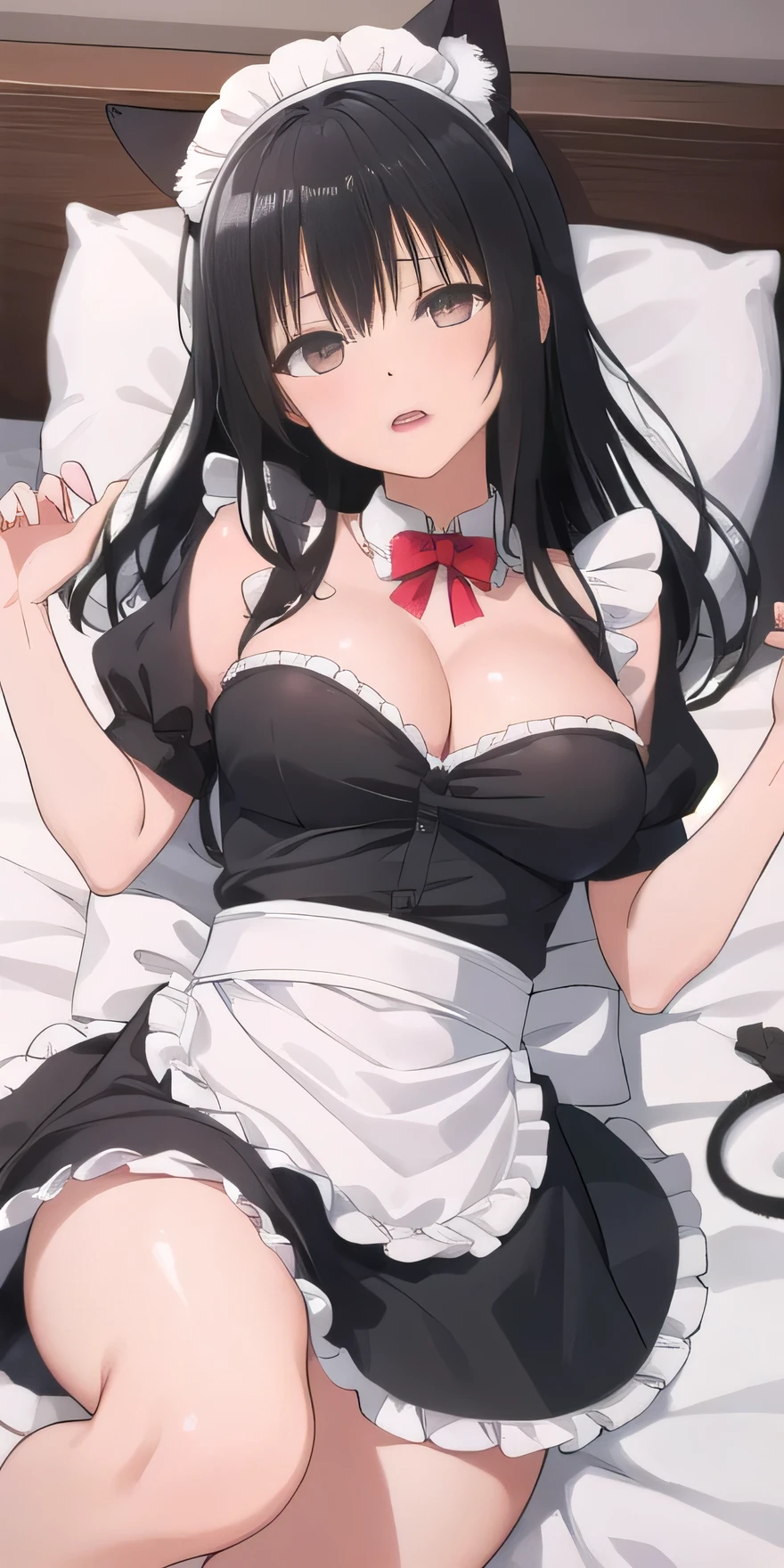 ((最high quality, High resolution, unity 8k wallpaper)), (figure:0.8), (Beautiful eyes:1.6), Highly detailed CG, Night Time, One girl, Black Hair, Large Breasts, hotel, Clear skin, (Hollow Eyes),(masterpiece), wallpaper,high resolution,(窓から夜景が見えるhotel),Intricate details, beautiful, sexly, erotic, Obscene, Noise Reduction,sensuous,Seductive pose,Cute anime face,Dog collar,high quality,Anime Style,sexuell,Shiny Hair,Expressionless,(ラブhotel:1.3,Love bed,Sleep on your back in bed),Cleavage,Emotionless face like a mannequin,Slightly open the mouth,(((Black maid outfit))),Cat ear accessories,