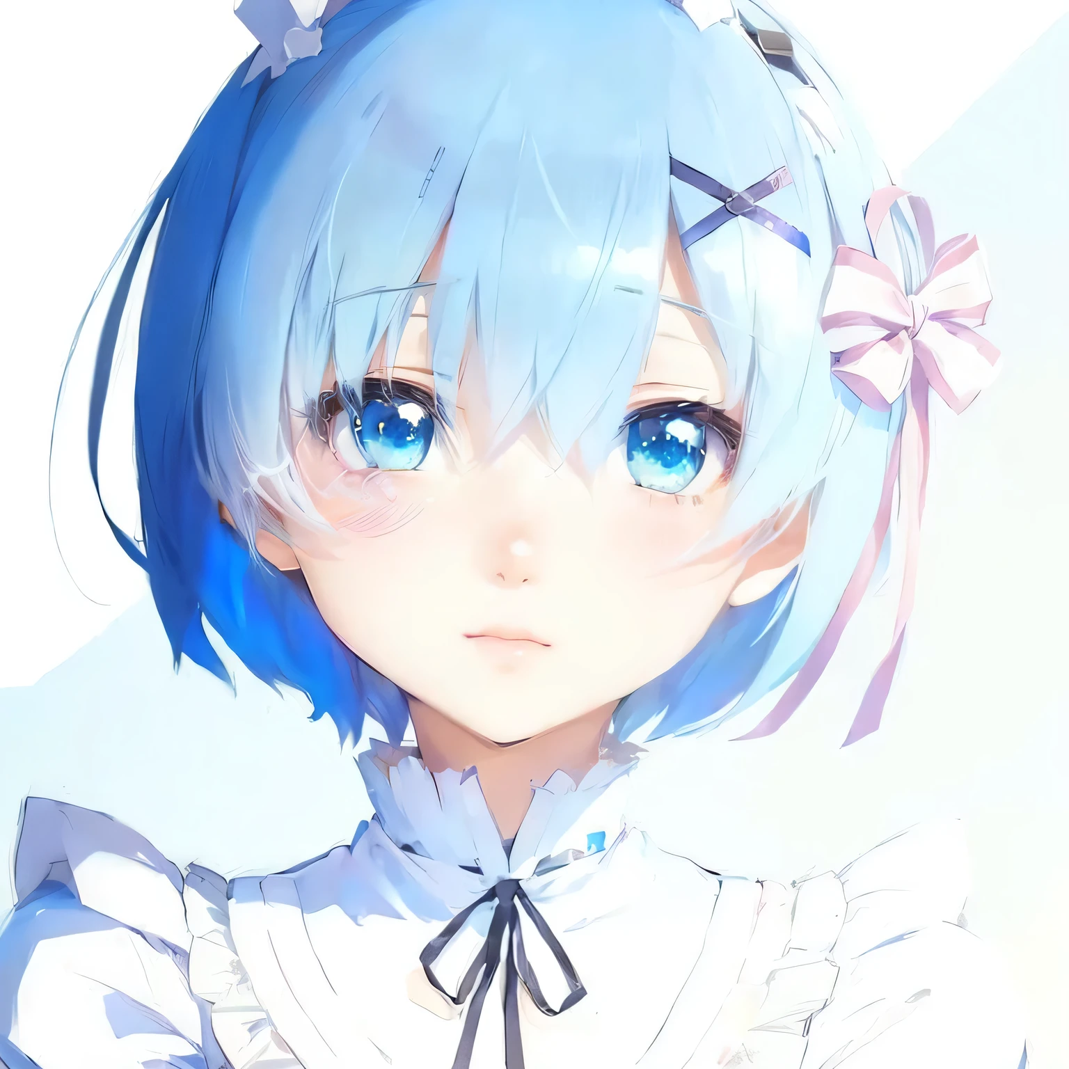 Anime Girl,Blue hair,A bow is worn in his hair, I will keep this, Cute girl anime visual, Anime cute art style, She has a cute expression, 2D anime style, Hatsune Miku short hair, Short haired blue-haired woman, Cute anime girl, Ayanami Rei, Young Anime Girl, Produced in collaboration with Anime Painter Studio, extremely Cute anime girl face