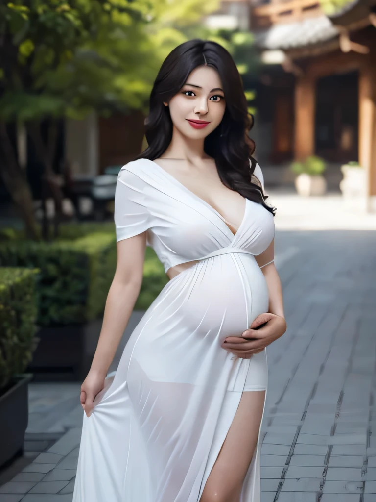 masutepiece, Best Quality, hight resolution, 1girl in,
(Japanese beautiful girl:1.2),
Professional Lighting, Physically-based rendering, Very cute,
Long hair,
Wavy Bob,
swept bangs,
Big eyes, Black eyes,
extremely detailed eye and face,
(Eyes with beautiful details:1.2),
Mature, 45 years old, Smiling, Beautuful Women, Beautiful skins,
Wearing a light long dress, White lace cloth, The dress covers your legs,
(large full breasts:1.3),(constricted hips:1.3),Exposing breasts, cleavage of the breast,
Perfect body, Beautiful body line, big pregnant belly, pregnant 40 weeks.
Shot with a high-resolution lens like the Nikon AF-S Nikkor 85mm F/1.8G, Hyper realistic, 8K,
Alhambra, patio,
Cowboy Shot, Front view
