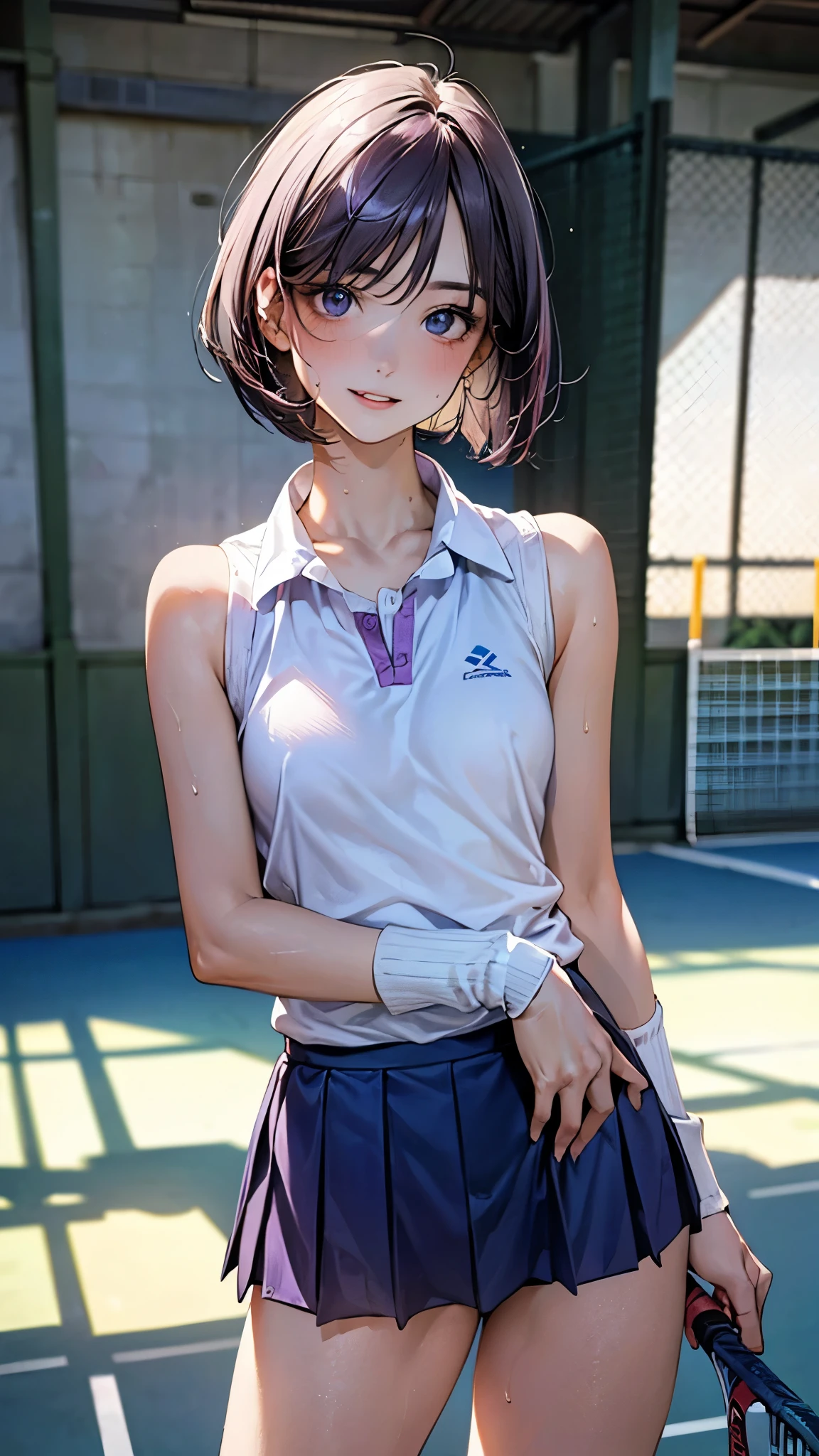 (masterpiece:1.2, top-quality), (realistic, photorealistic:1.4), beautiful illustration, (natural side lighting, movie lighting), depth of fields, ,
beautiful detailed hair, beautiful detailed face, beautiful detailed eyes, beautiful clavicle, beautiful body, beautiful chest, beautiful thigh, beautiful legs,
looking at viewer, 1 girl, , (perfect anatomy, anatomically correct, super detailed skin), cute and symmetrical face, perfect face, perfect eyes,
(short hair, bob cut, purple hair), parted bangs, break blue eyes, big eyes, long eye lasher, (medium breasts, seductive thighs), perfect body, shiny skin, pink skin,
break (blue tennis uniform, sleeveless, white panties), thin legs, thin waist, sweat, no racket,
(beautiful scenery), (school tennis court:1.2), standing, (light smile, parted lips),
