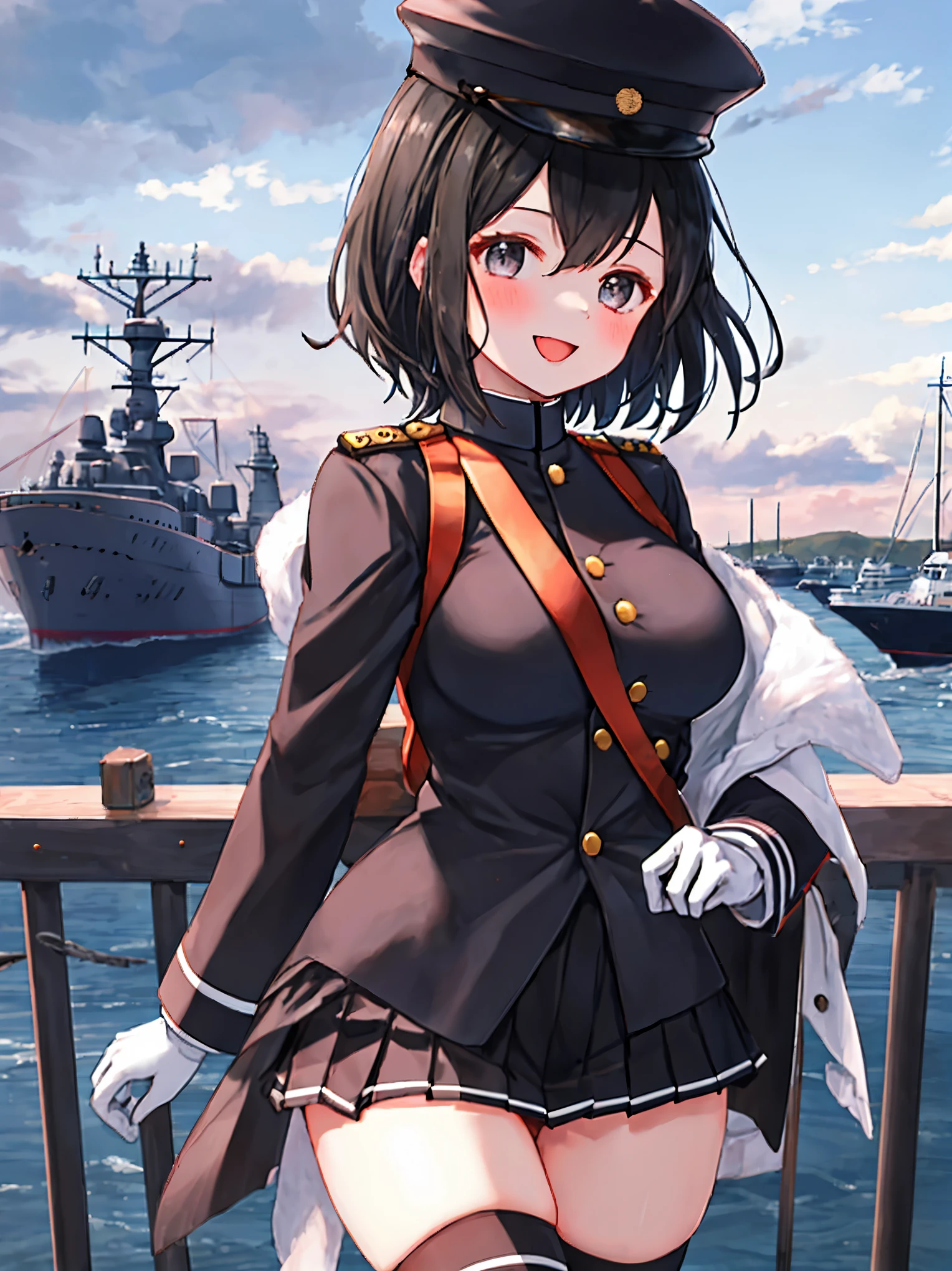 best quality, masterpiece, solo, {akitsu_maru_kantaicollection:1.15}, black_hair, short_hair, hat, peaked_cap, black_eyes, military, big_breasts, 1girl, black_headwear, looking_at_viewer,black_ military_uniform, uniform, military_hat, in_front_harbor_town_landscape_background, smile,(plump:0.7),,black_thigh-highs,joylight_open_mouth,white_skin
