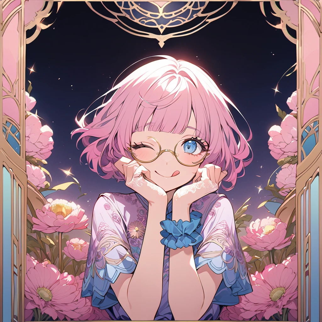 Hiori Light Art, Backlight, Pink Theme, (Art Nouveau:1.2), (Background of Meandros:1.2), pastel colour, One girl, alone, Portraiture, Pink Hair、Round Glasses、Short Bob,birthday whole cake, Striped Hair, 彼女はbirthday whole cakeが乗った皿を持ってきた, (Long eyelashes:1.2), Blunt bangs, blue eyes, Long eyelashes, Silk dress, Purple Dress, blue embroidery, Short sleeve, Lace gloves, Wrist scrunchies, Gold border, (Emphasis on high-quality fabrics, embroidery:1.2 ), close, (;q:1.1), Close one eye, Conceit, Mouth closed, tongue, Put your hand on your cheek, head_Tilt, (Emphasis on high-quality fabrics, embroidery:1.2), bloom, Shine, Perfect lighting, masterpiece, Highest quality, Incredibly absurd, Super detailed, reflection, chrysanthemum, Poppy, peony