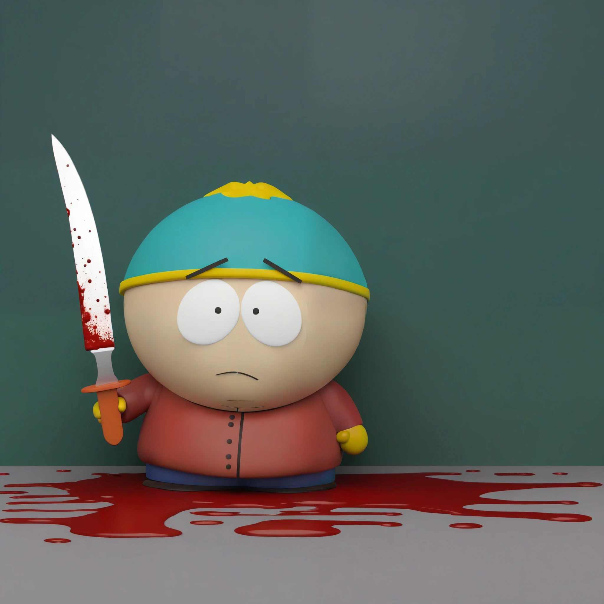 cartman holds a knife and kenny is bleeding, horror scene, blood splashes, school background 