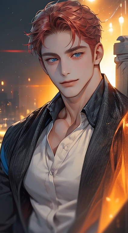 (best quality,4k,8k,highres,masterpiece:1.2),ultra-detailed,(realistic,photorealistic,photo-realistic:1.37),1 man,31 years old,mature man,very handsome,without expression,smile,short grey red hair,blue eyes,penetrating gaze,perfect face without errors,imposing posture,businessman,office background,cinematic lighting,hdr image