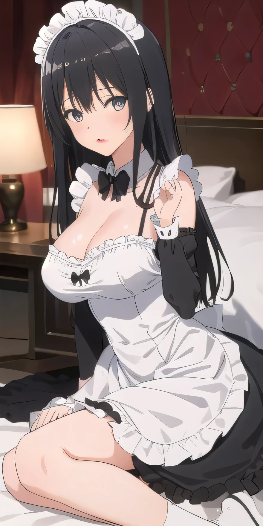 ((最high quality, High resolution, unity 8k wallpaper)), (figure:0.8), (Beautiful eyes:1.6), Highly detailed CG, Night Time, One girl, Black Hair, Large Breasts, hotel, Clear skin, (Hollow Eyes),(masterpiece), wallpaper,high resolution,(窓から夜景が見えるhotel),Intricate details, beautiful, sexly, erotic, Obscene, Noise Reduction,sensuous,Seductive pose,Cute anime face,Dog collar,high quality,Anime Style,sexuell,Shiny Hair,Expressionless,(ラブhotel:1.3,Love bed,Sleep on your back in bed),Cleavage,Emotionless face like a mannequin,Slightly open the mouth,(((Black French maid outfit))),