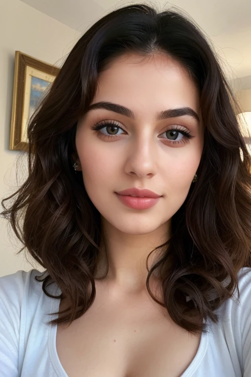 ((Best quality, 8k, Masterpiece :1.3)), Whole body, Sharp focus :1.2, A pretty Arabian woman, curly dark hair, light grey eyes, huge lip fillers, very pale skin,