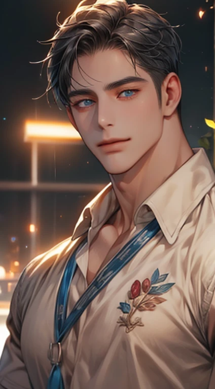 (best quality,4k,8k,highres,masterpiece:1.2),ultra-detailed,(realistic,photorealistic,photo-realistic:1.37),1 man,31 years old,mature man,very handsome,without expression,smile,short grey black hair,blue eyes,penetrating gaze,perfect face without errors,imposing posture,businessman,office background,cinematic lighting,hdr image