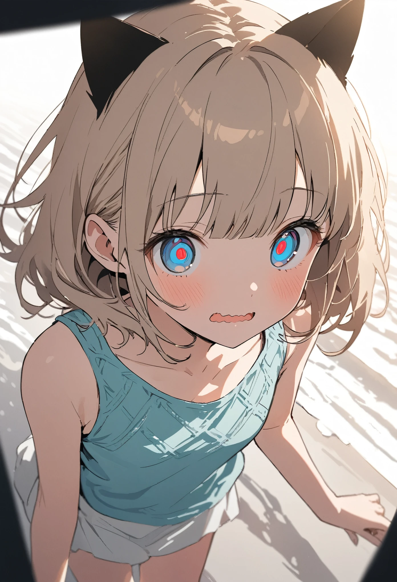 ((Masterpiece)), ((best quality)), ((kawaii)), (flat color), (flat shading), (super detail:1.2),(High Definition:1.3), (Professional Photography:1.2), (very aesthetic:1.2), (absurdres:1.2), (wide shot), (sharp focus), (perfect light), (drop shadow), ((1girl)), ((12 years old)), Glossy skin, cinematic lighting, 1girl, (Knit fabric tank top), (Cute innocent teenage girl), slendar body, small breast, glossy medium hair, (loose blunt bangs), (wavy mouth), ((astonished eyes)), beautiful collarbones, (slightly exposed shoulders), (put on Cat ears), pale brown hair, Hair that flutters in the wind, BREAK, ((best quality)), ((extremely detailed)), raising hands, (loose standing on the Resorts Island), ((Seaside Resorts)), sunnyday, Silhouette of palm tree,