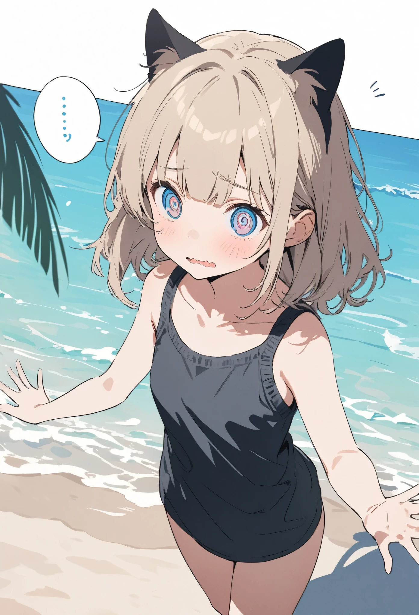 ((Masterpiece)), ((best quality)), ((kawaii)), (flat color), (flat shading), (super detail:1.2),(High Definition:1.3), (Professional Photography:1.2), (very aesthetic:1.2), (absurdres:1.2), (wide shot), (sharp focus), (perfect light), (drop shadow), ((1girl)), ((12 years old)), Glossy skin, cinematic lighting, 1girl, (Knit fabric tank top), (Cute innocent teenage girl), slendar body, small breast, glossy medium hair, (loose blunt bangs), (wavy mouth), ((astonished eyes)), beautiful collarbones, (slightly exposed shoulders), (put on Cat ears), pale brown hair, BREAK, ((best quality)), ((extremely detailed)), ((droplet speech balloon)), rising hands, (loose standing on the Resort beach), ((Seaside Resorts)), sunnyday, Silhouette of palm tree,