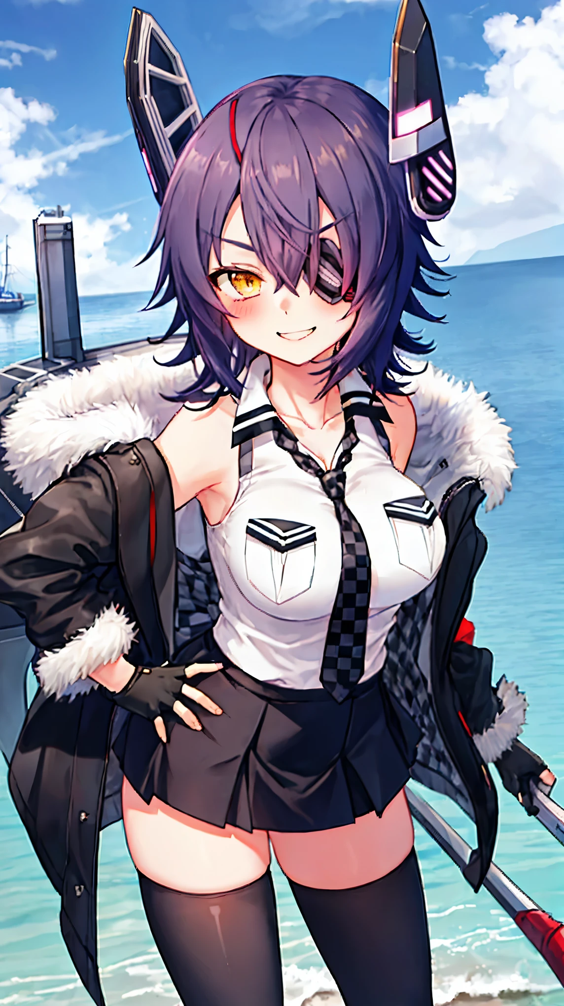 best quality, masterpiece, solo, {tenryuu_kantaicollection:1.15}, _girl, eyepatch, short_hair, purple_hair, yellow_eyes, headgear, breasts, necktie, large_breasts, smile, 1girl, blush, checkered_necktie, hair_over_one_eye, shirt, collared_shirt, white_shirt, jacket, sleeveless, brown_eyes, fur-trimmed_jacket, fur_trim, collarbone, looking_at_viewer, pocket, breast_pocket, ,, messy_hair, black_gloves, gloves, partially_fingerless_gloves,harbor_road_landscape_background,outdoor,short_skirt,thigh-highs,boots,sunlight,from_below