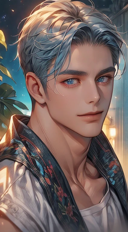 (best quality,4k,8k,highres,masterpiece:1.2),ultra-detailed,(realistic,photorealistic,photo-realistic:1.37),1 man,31 years old,mature man,very handsome,without expression,smile,short grey blue hair,blue eyes,penetrating gaze,perfect face without errors,imposing posture,businessman,office background,cinematic lighting,hdr image