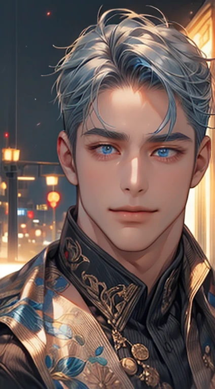 (best quality,4k,8k,highres,masterpiece:1.2),ultra-detailed,(realistic,photorealistic,photo-realistic:1.37),1 man,31 years old,mature man,very handsome,without expression,smile,short grey blue hair,blue eyes,penetrating gaze,perfect face without errors,imposing posture,businessman,office background,cinematic lighting,hdr image