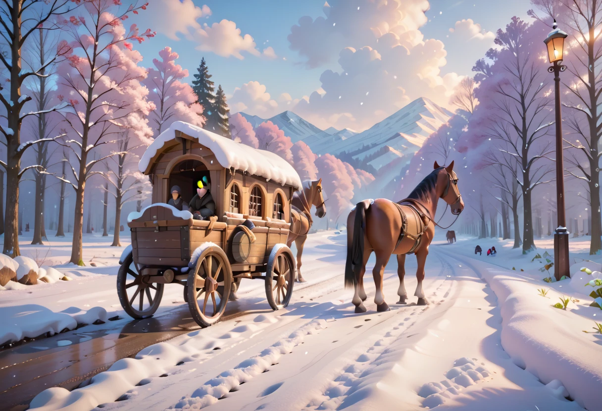 medieval carriage, horse carriage, cargo carriage, winter, snow, snowing, masterpiece quality, ultra HD, 4K, best quality