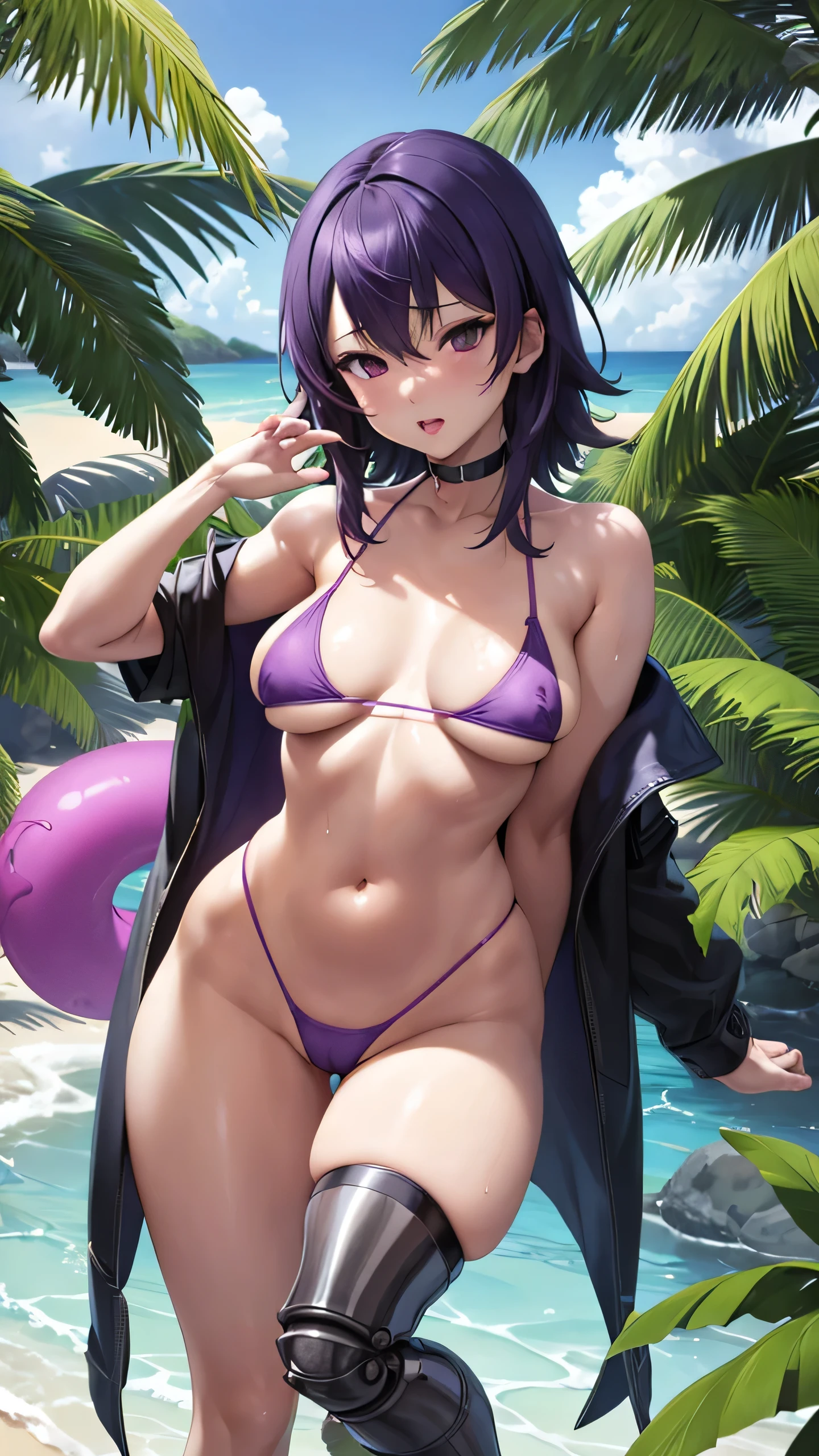 Sexy woman in purple bikini posing on tropical beach, Seductive Anime Girl, oppai, wetted skin, beautiful alluring anime woman, small curvy , Chic, realistic bikini, oppai proportions, [ 4 k digital art ]!!, Big breasts!, from girls frontline, with large breasts, biomechanical oppai, Big breasts!!