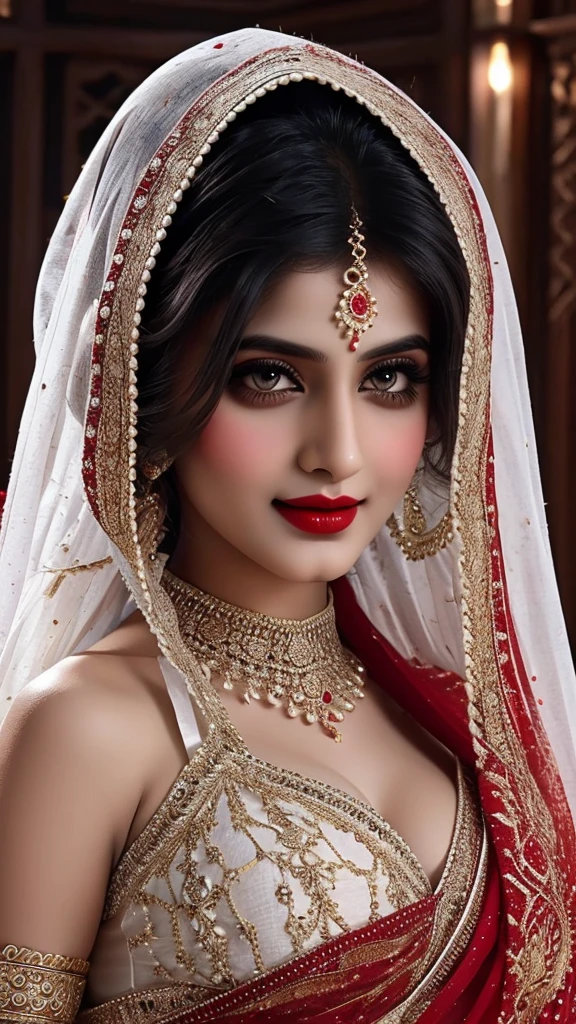 Black and white art style , Extremely detailed, women, elven, women, pakistani beautiful body, wearing traditional anarkali , well dressed fully covered body, covered breast ( no cleavage),beautiful enormous size breast, beautiful face, small nose, sexy red eyes, sexy look, red lips, sexy smile, covering hair,