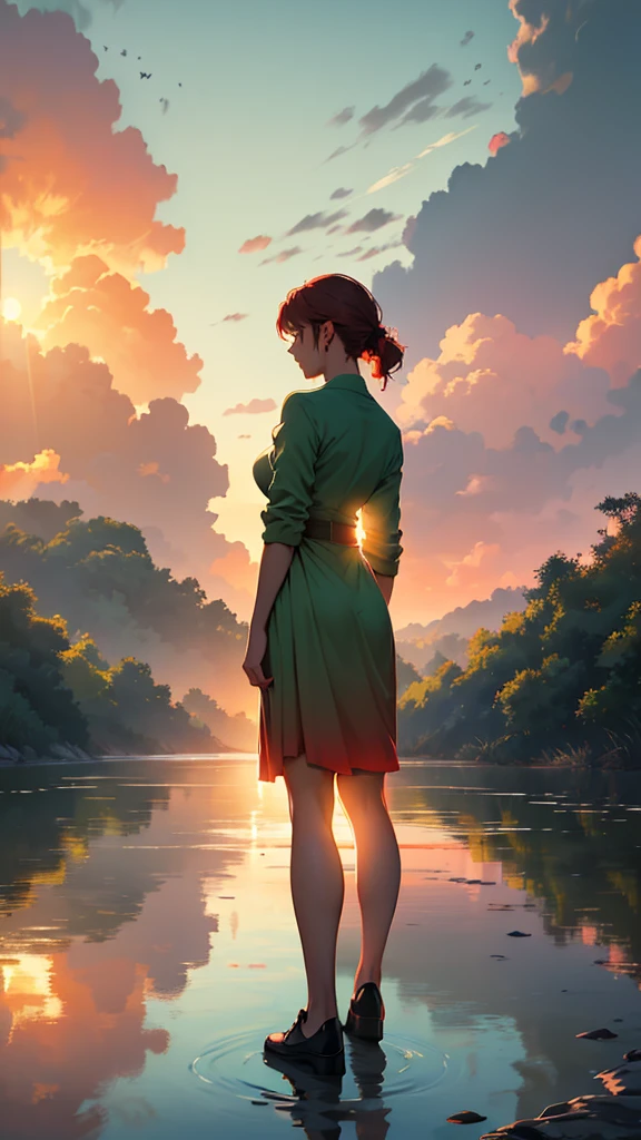 Every sunset carries the promise of a new dawn. Accept the outcome, Paving the way for a beautiful beginning. Nature painting. green, red tint, cloudy, sunset, Green: A woman is reflected、Back view