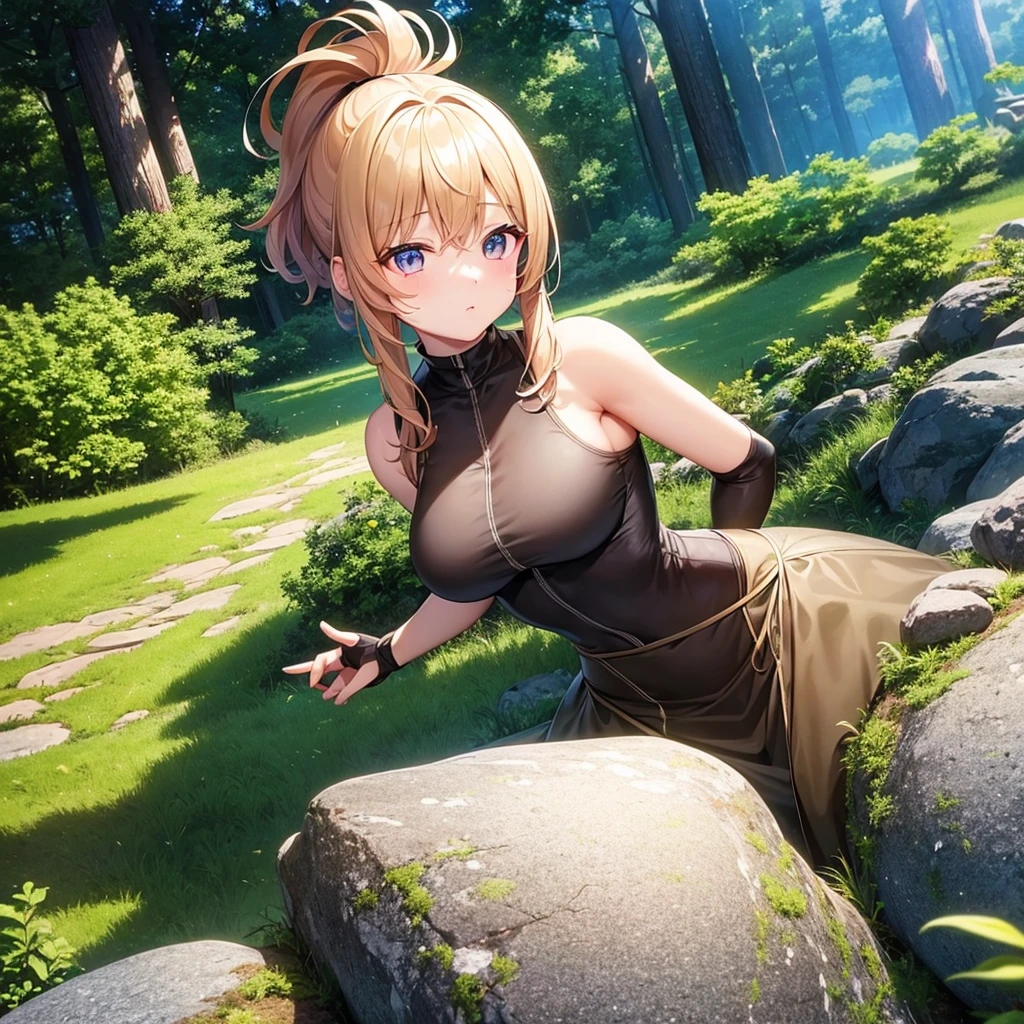 A girl camouflaged in the forest at dusk。Big Breasts、Up ponytail、Highest quality、Masterpiece、Accurately depict the body structure、High angle。