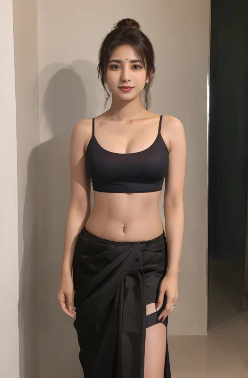 A 27 year Indian girl, she is very bold and beautiful, she wear black saree, looking confident,