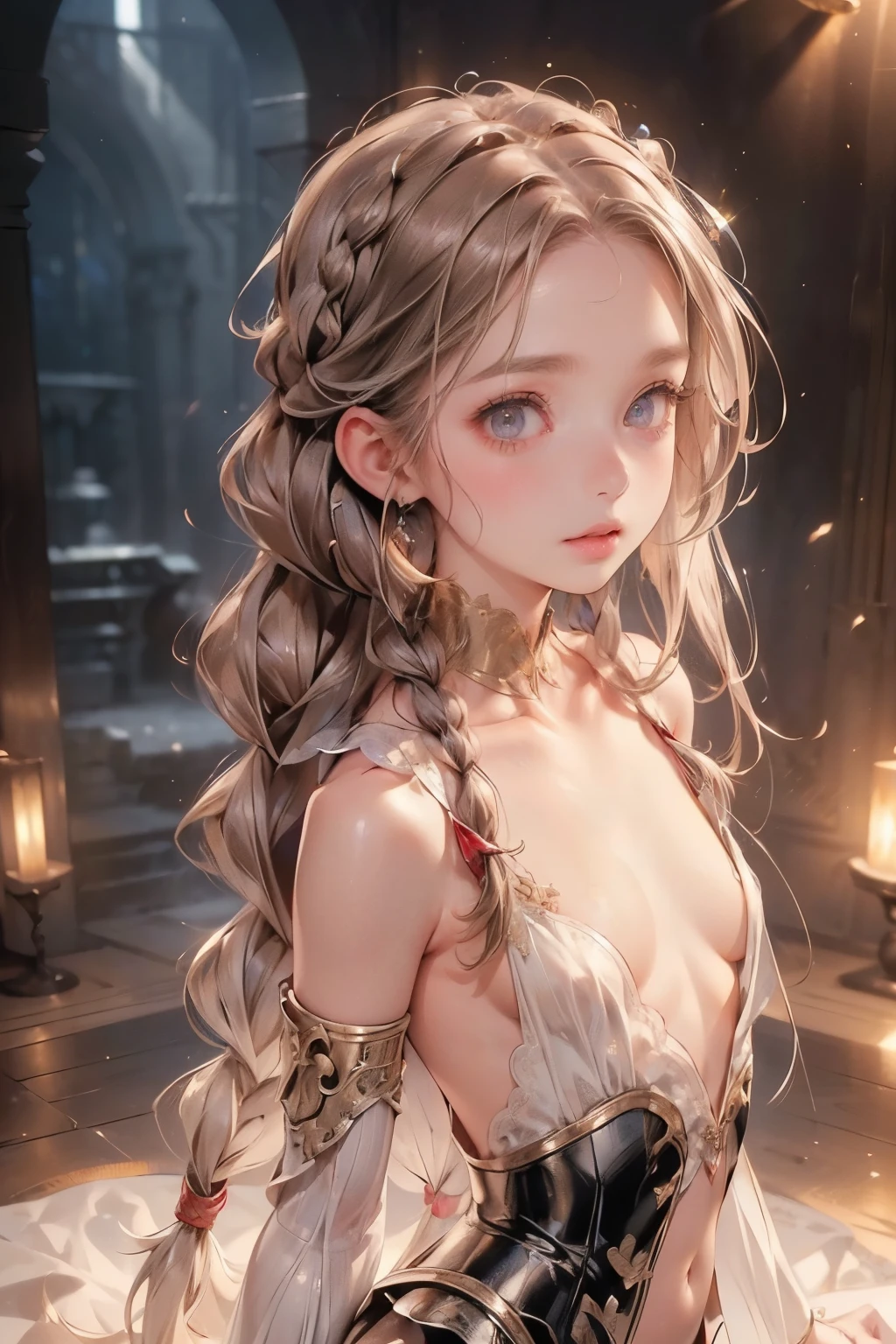 ((best quality)), ((masterpiece)), (detailed), 1girl, (big forhead:1.2),extremely detailed cute anime face, (((flat chest))), (flat chest:1.1),((((long twin braids,tight braids,long braid,braided hair,long hair)))),intricate eyes,beautiful detailed eyes,symmetrical eyes,(((detailed face))),beautiful detailed lips, dynamic pose, looking at this, resolved, resolute, highres,(best quality),(ultra detailed,extremely detailed),perfect face details, ((masterpiece:1.4, best quality))+, (ultra detailed)+, long twintails, cute girl, (flat chest:1.1), small breasts, slim body, skinny, prominent collarbones, skinny arms, flat stomach, visible hip bones, long hair, red hair, white hair, blonde hair, dark hair, ponytail, thick ponytail, heavy ponytail, small breasts, perfect face, small breasts (flat chest:1.1),  Detailed body，Full limbs, (flat chest:1.1), a knight, Bloodborne inspired, Bloodborne, occult aesthetic, occult, NSFW, Complex mechanical cyborg girl, Skeleton body, red and white clothing detailed and intricate steampunk and detailed gothic ****ta (with a hood), NSFW, diadems, very thin long legs, Complex mechanical boots above the knee, Fluttering lace flared mini skirt, beautiful small breasts, (((( Highly detailed face))), small thin nose, Small thin lips mouth, (((Very sharp focused eyes))), Very large slit precision pale grey eyes that shine like jewels. very long eyelashes, Silver hair swaying in the wind, Emitting a dazzling light in a mandala pattern, Very dramatic and cinematic lighting, red and white clothing, full body, whole body, body