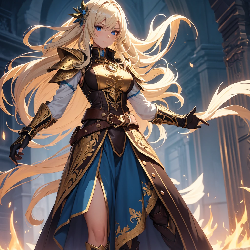 A full-body portrait of a young woman in anime style, with long, light blonde hair, framed by a white mantle adorned with golden details. She has intense blue eyes and wears a form-fitting blue armor with intricate engravings of leaves and flowers, and golden metal pieces covering her shoulders and arms. A dark brown leather belt with metallic buckles secures her armor at the waist. She wears brown leather boots, standing in a dynamic action pose. A cross-shaped pendant adorns her chest. The background features a blue sky with fluffy clouds, highlighting her majestic and noble appearance, visible from head to toe.