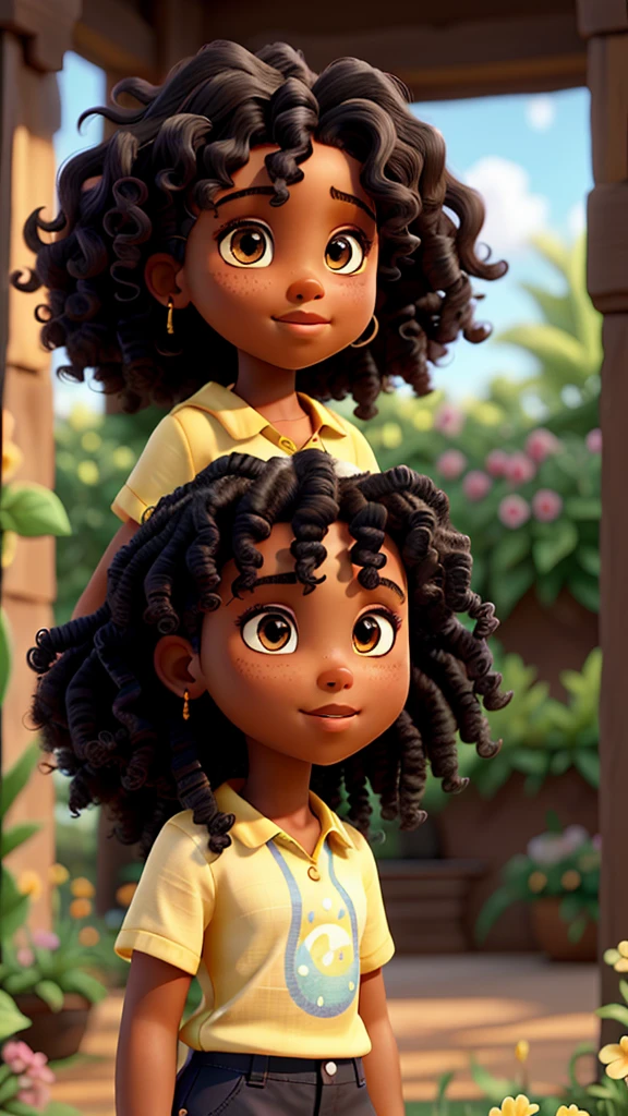 A black beautiful girl with curly hair surrounded by blooming flowers or a lush garden, with a subtle glow of light,