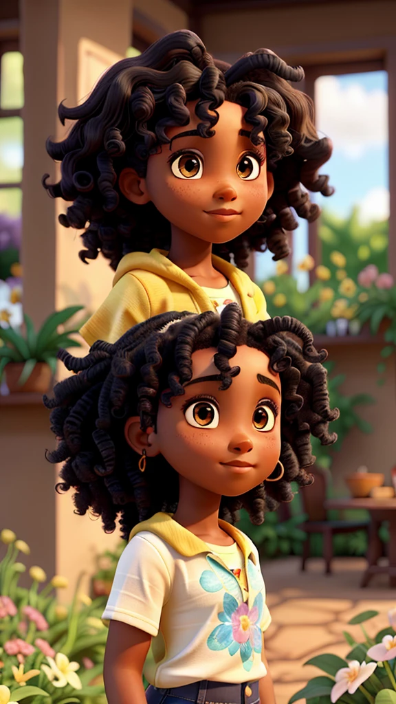 A black beautiful girl with curly hair surrounded by blooming flowers or a lush garden, with a subtle glow of light,