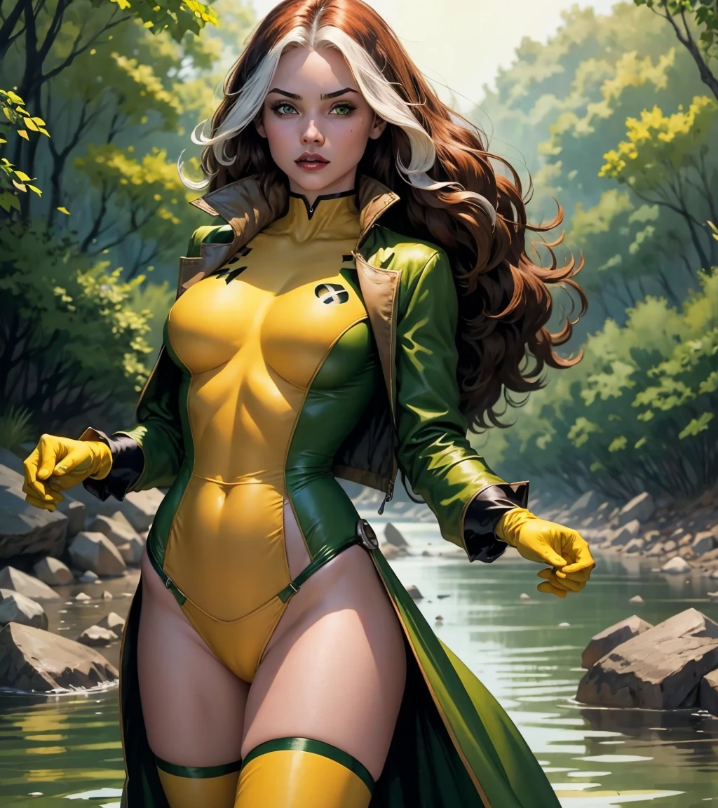 vampires, rogue x men, wearing low-cut lingerie,lingersuit amarelo verde, yellow green lingersuit fit, inside river, in the river, seminua, dress lingersuit yellow green fit, showing her belly