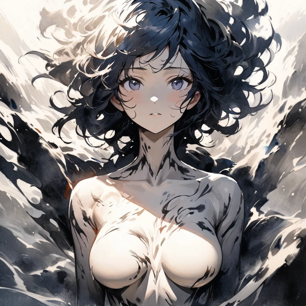 Highest quality,masterpiece,Watercolor style,grisaille painting method, slender angel monster, white background, oil painting, thick impasto, hard lights,anime beautiful monster girl, dark blue style , chest curves, old wear,White aura effect