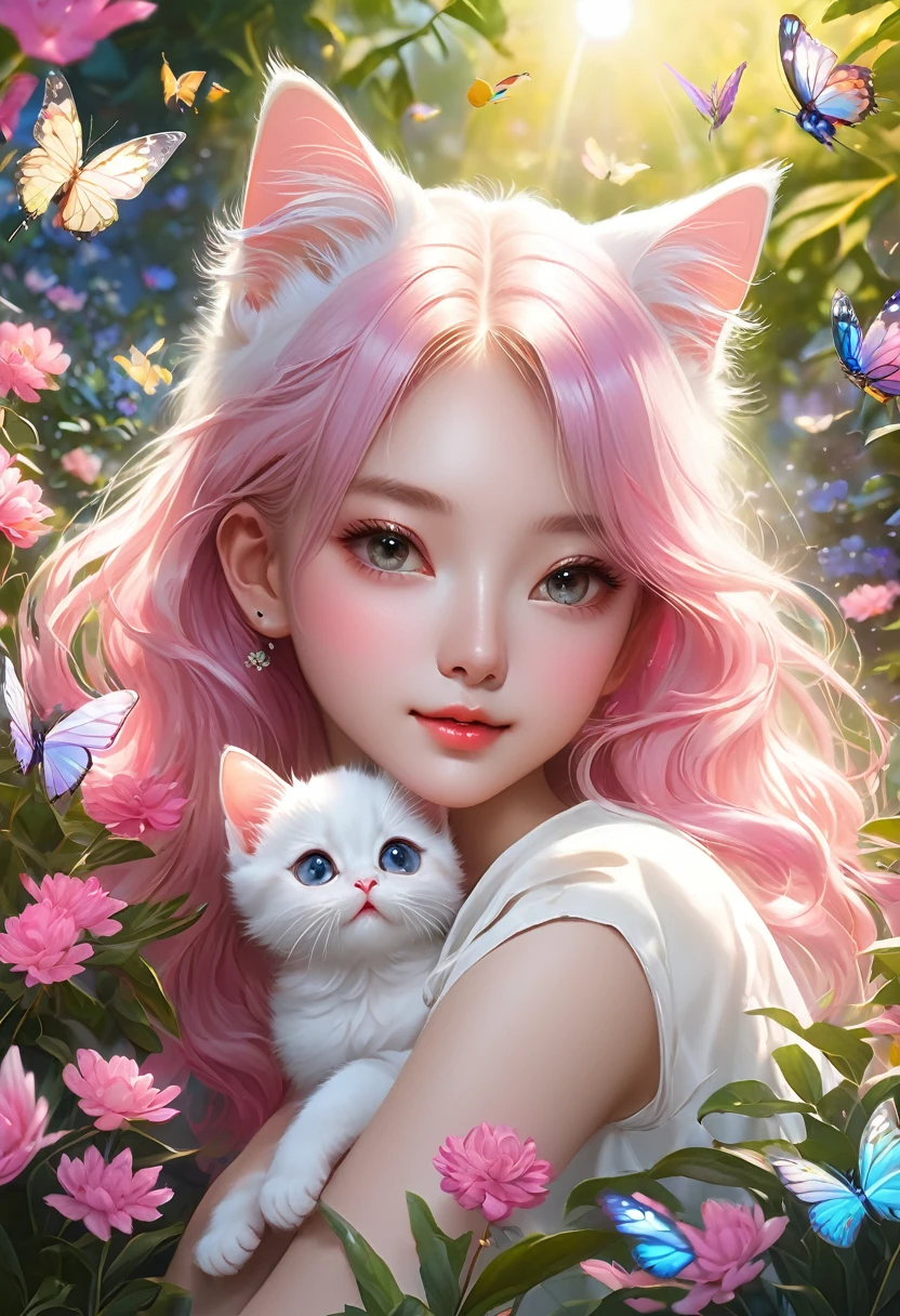 (8k、RAW Photos、Highest quality、look up:1.2、masterpiece:1.2、Genuineistic、Ultra-high resolution、High Contrast、Photon Mapping、Genuine、Very detailed、Official Art, RAW Photos、professional Lighting、 Light、Vivid atmosphere、twiceLight) , (1 girl), (Full body portrait), (Portrait of a Girl), (like々Looks good),(Watery eyes), (Beautiful Face:1.3), (Perfect Proportions:1,2), (Thin legs), (Thin thighs), (Long legs:1.2), (delicate), (height: 150cm), (15 years old) , (Fair skin、White skin: 1.5), (Lightブラウンのポニーテール), (Pink hair clip), (One white kitten), Far away、I see a white kitten playing in a beautiful garden.。 The girl is looking at the white kitten with interest。White kitten having fun trying to catch a butterfly。 The garden is decorated with lush greenery and colorful flowers..。The garden is bathed in spring sunLight, Gives a warm glow.。A bright number of people々are surrounding a white kitten々Butterflies are flying。Flying butterflies create a lively atmosphere.。 The white kitten is expressive、The fine fur and unique folded ears add to its charm..。The gardens are beautifully maintained、Neatly trimmed bushes and々Mr.々Various plants are arranged。stream'The crystal clear water reflects the serene surroundings.、Far away見える色鮮やかな英国風の家々Add a little whimsy to your scene.。 The scene exudes an atmosphere of silence and meditation..、Expressing the world of high fantasy。Guardian nebula of rainbow Light and silvery vapor、The colors of the Corrosive Surrounding Ray family fill the sky、There's a slimy feeling in the air.。Beautiful artwork with a mystical atmosphere.。
