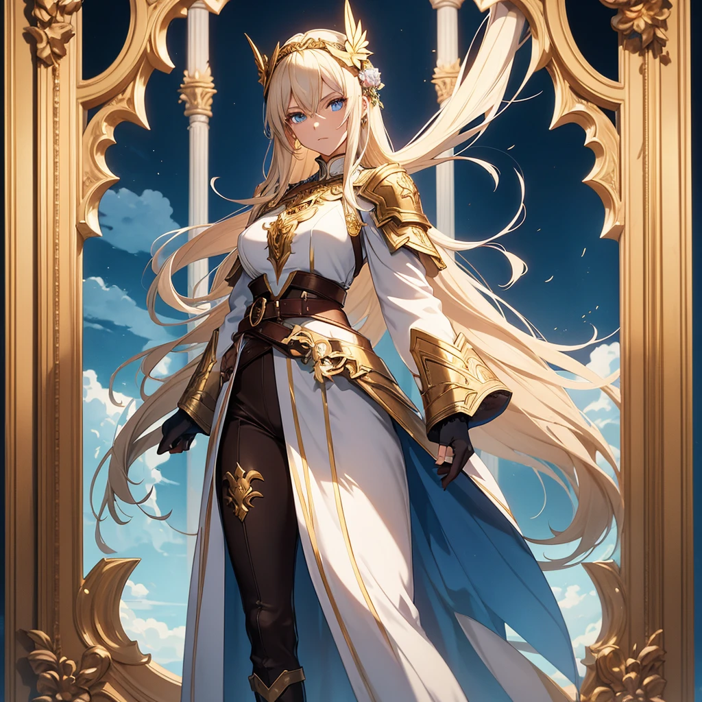 A full-body portrait of a young woman in anime style, with long, light blonde hair, framed by a white mantle adorned with golden details. She has intense blue eyes and wears a form-fitting blue armor with intricate engravings of leaves and flowers, and golden metal pieces covering her shoulders and arms. A dark brown leather belt with metallic buckles secures her armor at the waist. She wears tihgth pants and brown leather boots, standing in a dynamic action pose. A cross-shaped pendant adorns her chest. The background features a blue sky with fluffy clouds, highlighting her majestic and noble appearance, visible from head to toe.