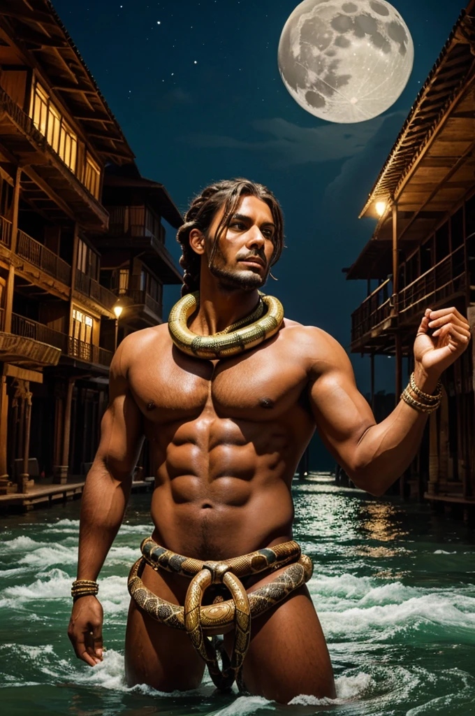 A 20 foot man with a snake wrapped around his neck and a moon and the flowing Ganges on his huge hair braid