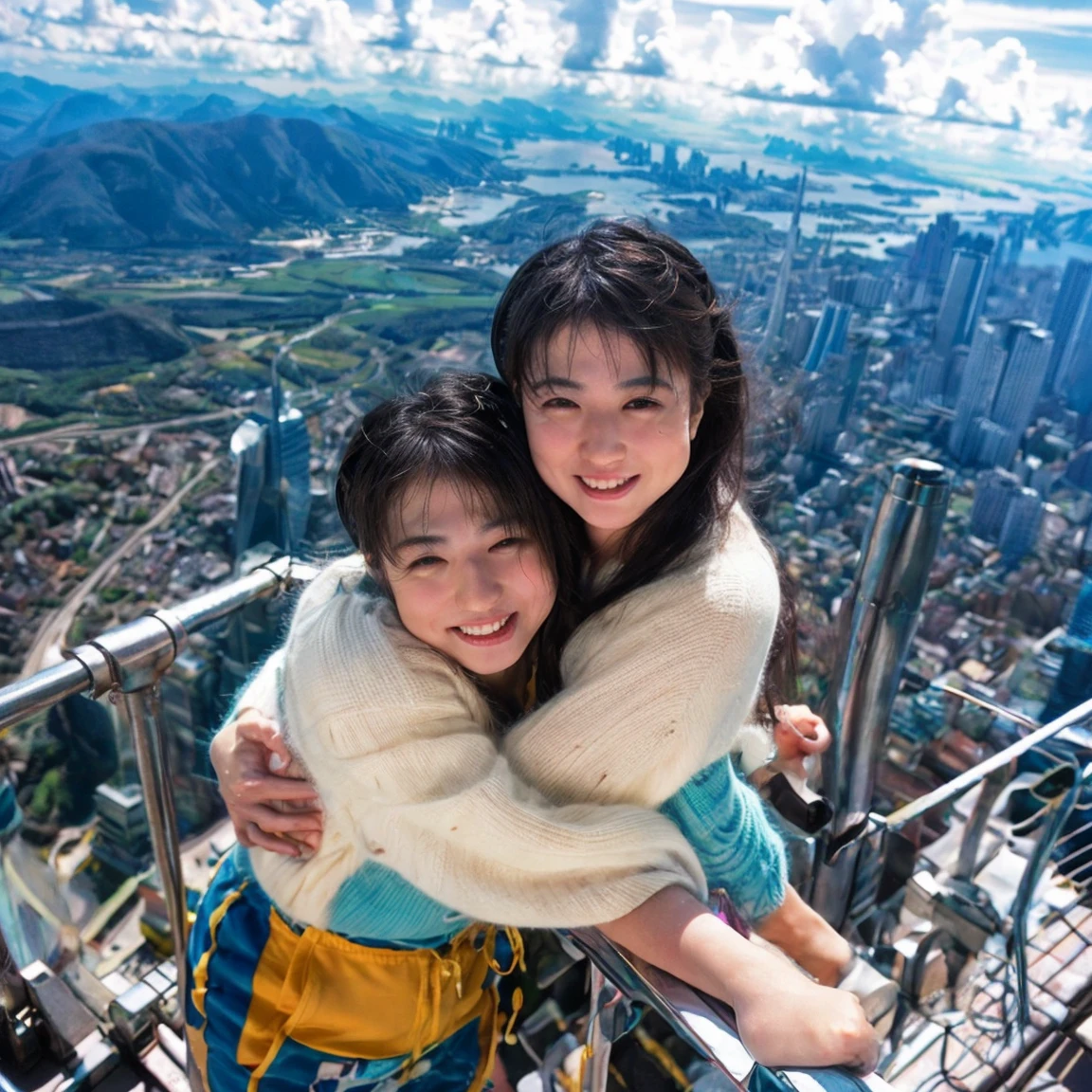 Identical twin sisters hugging each other、16 years old、,of(8k、Live Shooting、Highest quality、masterpiece:1.2)、Very detailed、Super Resolution、(Hyper Genuineity、)Very detailed、Super Resolution、(Genuine、Actual photo:1.47)、 exhilarating roofExcellent selfie of a confident womof with black hair in a long,She is beaming as she looks out over the ultra-modern city below... This high ofgle,Fisheye lens photo of her in mountaineering clothes、Highlight the spaghetti straps **** Excellent,Climbing Pofts,A glimpse of the distoft sea、This aerial photograph is complete...,