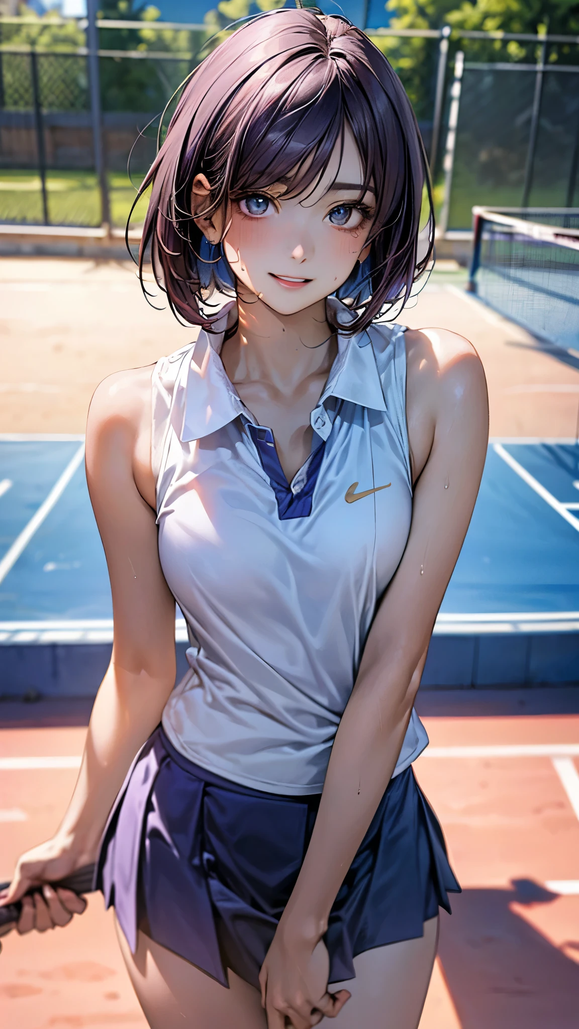 (masterpiece:1.2, top-quality), (realistic, photorealistic:1.4), beautiful illustration, (natural side lighting, movie lighting), depth of fields, ,
beautiful detailed hair, beautiful detailed face, beautiful detailed eyes, beautiful clavicle, beautiful body, beautiful chest, beautiful thigh, beautiful legs,
looking at viewer, 1 girl, 12 years old, (perfect anatomy, anatomically correct, super detailed skin), cute and symmetrical face, perfect face, perfect eyes,
(short hair, bob cut, purple hair), parted bangs, break blue eyes, big eyes, long eye lasher, (medium breasts, seductive thighs), perfect body, shiny skin, pink skin,
break (blue tennis uniform, sleeveless), thin legs, thin waist, sweat, no racket,
(beautiful scenery), (school tennis court:1.2), standing, (waving hand), (lovely smile, parted lips),
