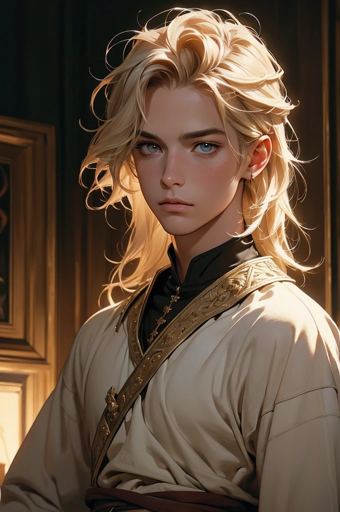 A young male knight, medium-length blond hair, epaulet, sword, medieval outfit, hazel eyes, long eyelashes, crown, detailed face, high quality, hyper realistic, intricate details, cinematic lighting, dramatic shadows, photorealistic, epic fantasy, renaissance, oil painting