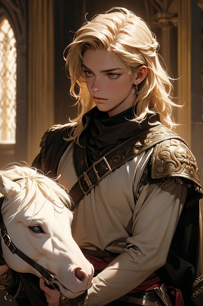 A young male knight, medium-length blond hair, epaulet, sword, medieval outfit, hazel eyes, long eyelashes, crown, detailed face, high quality, hyper realistic, intricate details, cinematic lighting, dramatic shadows, photorealistic, epic fantasy, renaissance, oil painting