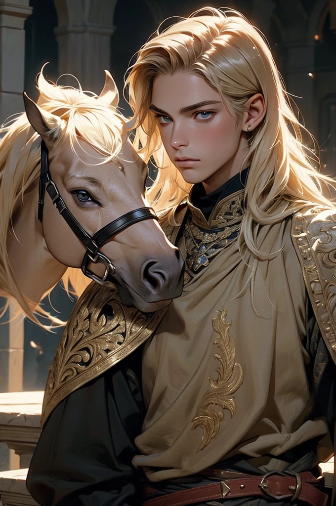 A young male knight, medium-length blond hair, epaulet, sword, medieval outfit, hazel eyes, long eyelashes, crown, detailed face, high quality, hyper realistic, intricate details, cinematic lighting, dramatic shadows, photorealistic, epic fantasy, renaissance, oil painting