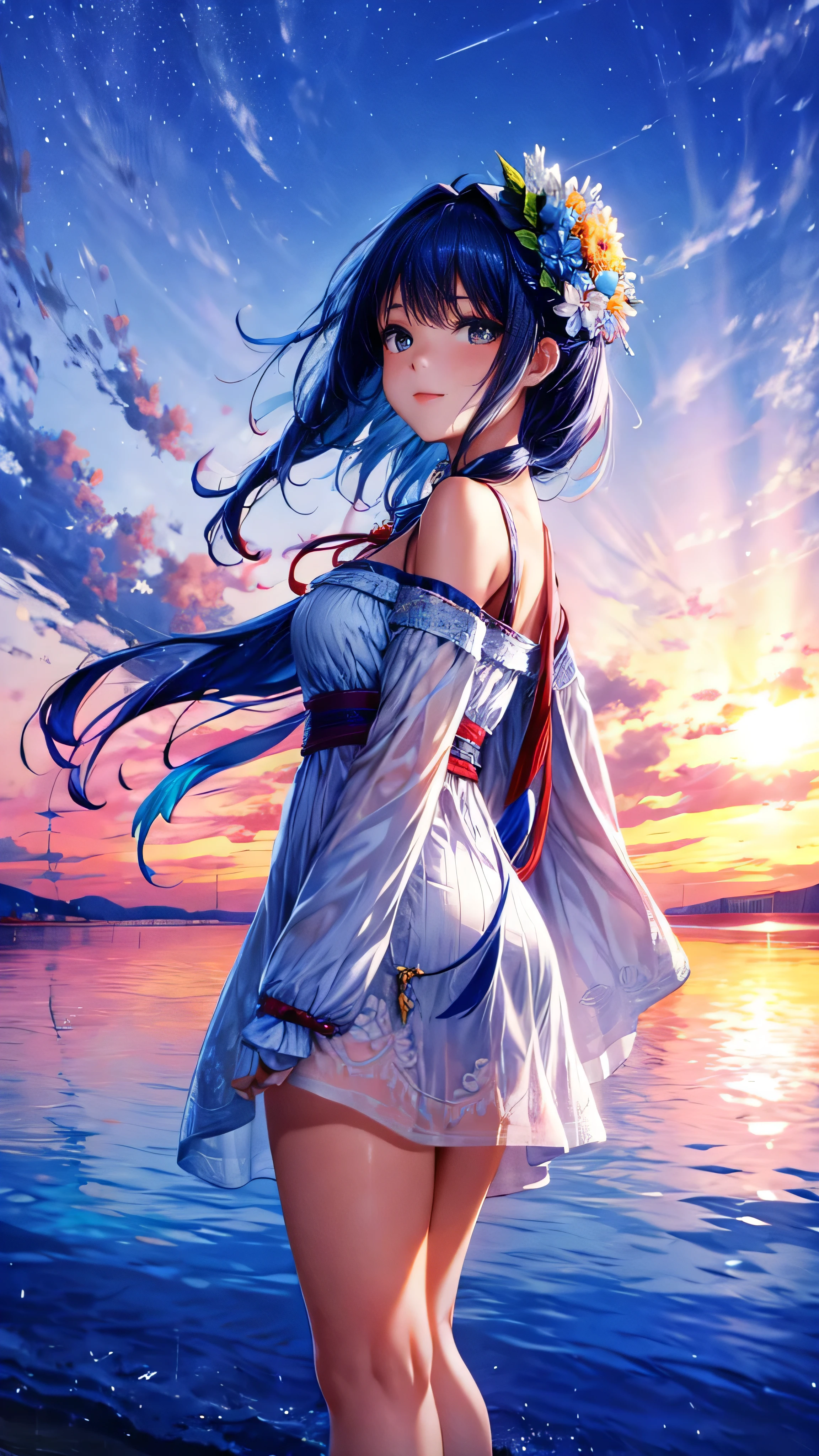 1girl, looking up at the sky, vast landscape, blue sky, outdoor, backview, flowers at her feet, wind blowing hair, reflection on water surface, anime style, detailed facial features, beautiful eyes, cute expression, serene, peaceful, dreamlike, vibrant colors, soft lighting, high quality, 8k, photorealistic, masterpiece, digital art,masterpiece,best quality,ultra detailed,high-resolution,8k portrait,unity 8k wallpaper,extremely detailed CG unity 8k wallpaper
