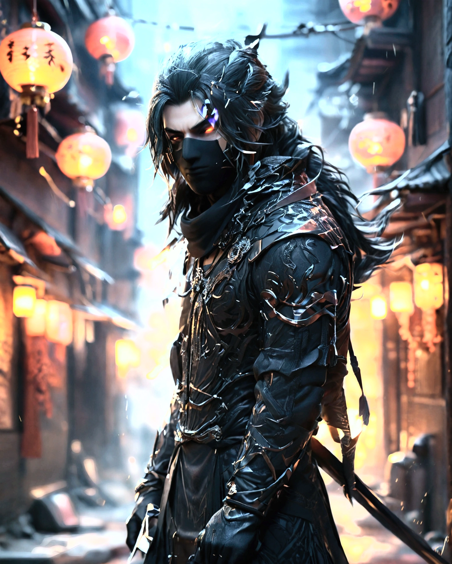 Design an anime-style character named Hikaru, the 'Shadow Ninja.' Hikaru should have a stealthy, enigmatic expression, with sharp, focused eyes and a nimble, agile pose. Outfit him in dark, sleek ninja attire with shadowy patterns and hidden weapons. The background should be a moonlit cityscape with dark alleys and subtle shadow effects. Capture Hikaru’s stealth and precision.