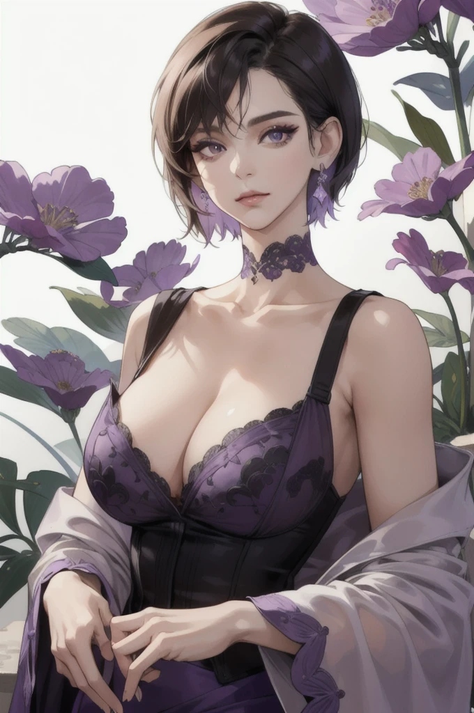 (extremely delicate and beautiful:1.2), 8k,(masterpiece:1.0),(best_quality:1.0) ,1girl, solo, mature woman, huge breast, complex details, enlarged textures, complex details, finely detailed eyes and detailed face, intricate details, (cleavage), modern clothes, (closed mouth), perfect eyes purple, equal eyes, eyelashes, earrings, chocker, jewelry, short hair black and purple