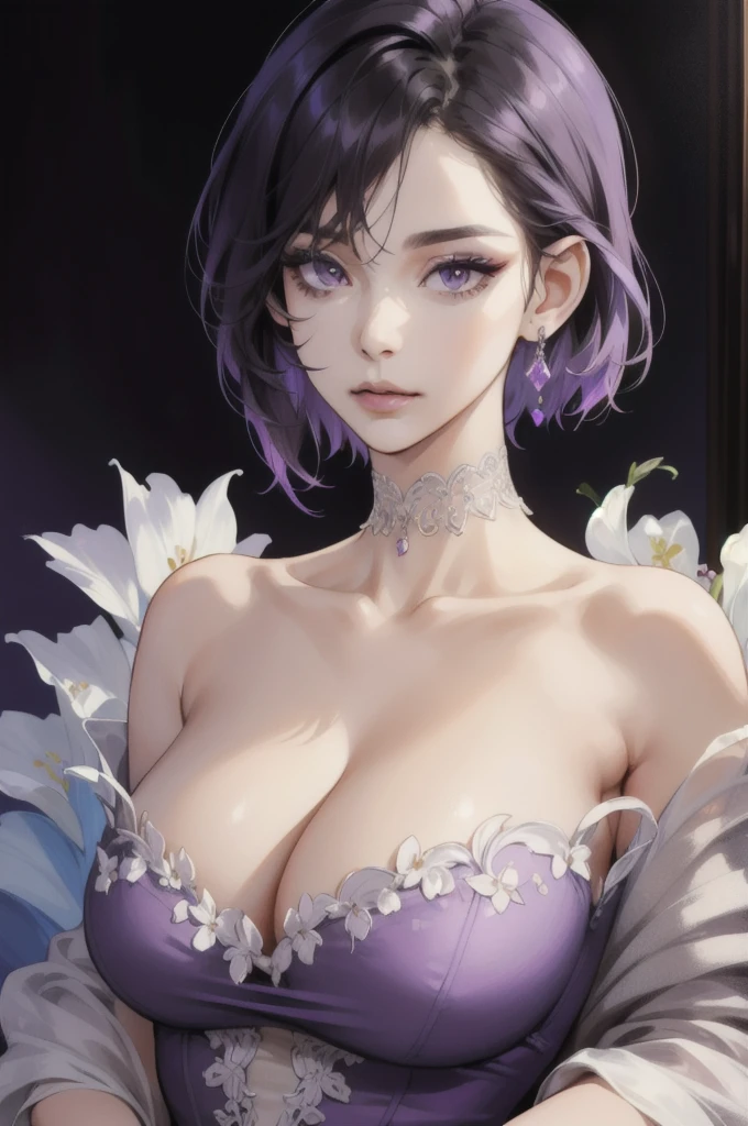 (extremely delicate and beautiful:1.2), 8k,(masterpiece:1.0),(best_quality:1.0) ,1girl, solo, mature woman, huge breast, complex details, enlarged textures, complex details, finely detailed eyes and detailed face, intricate details, (cleavage), modern clothes, (closed mouth), perfect eyes purple, equal eyes, eyelashes, earrings, chocker, jewelry, short hair black and purple