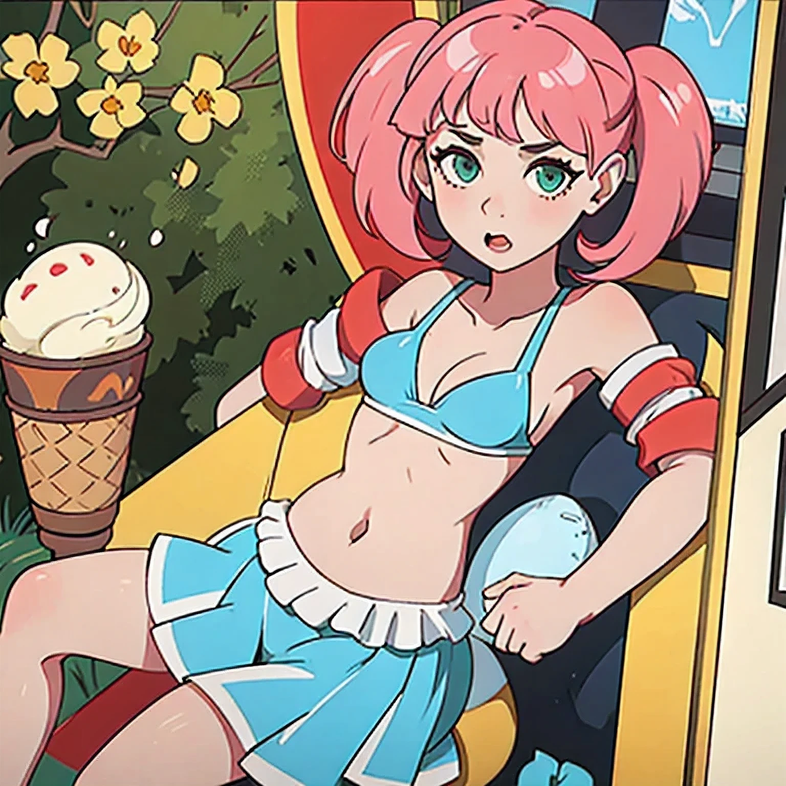 girl in a bikini eating an ice cream cone, eating ice cream, in a bikini, angela white, giorgia meloni, katy perry, in bikini, eating ice - cream, wearing spandex bikini, ice cream on the side, bikini, ice cream, wearing a bikini, candid photo of dirty, shiny plastic bikini, candid shot, cone, 1 girl, solo,in a green dress standing by a wall,portrait of female idol