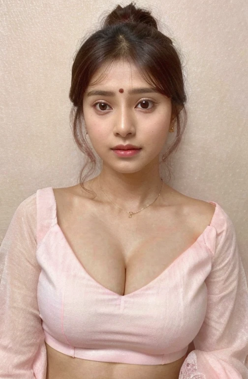 A 24 year Indian girl, she is very bold and beautiful, she show her cleavage, she wear white and pink top