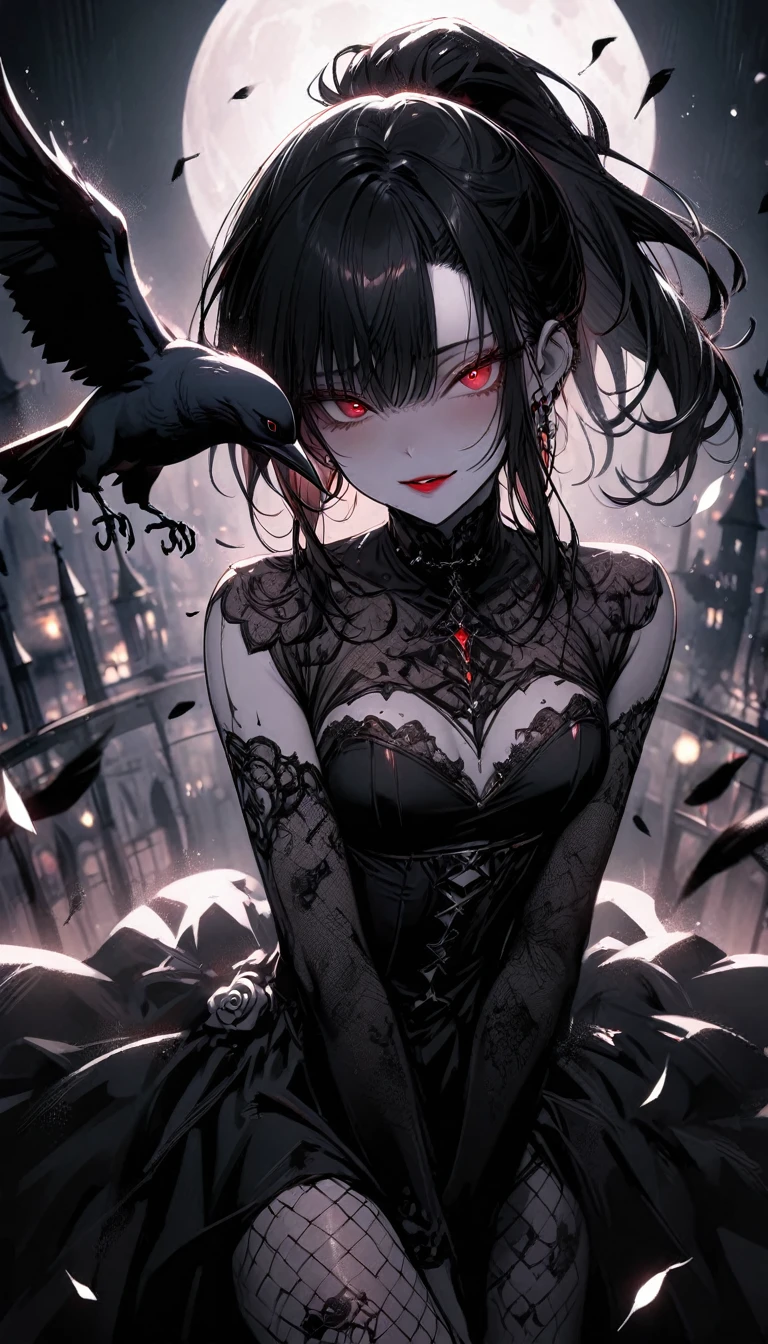 (Dark and scary atmosphere,Gothic Fashion,Dark colors),(Highest quality,Super exquisite item),Face distorted with pleasure,Penetration Sex,Creampie Sex,Very sexy vampire girl,In a rose garden in full bloom on a red full moon night,Beautiful and delicate eyes,Beautiful black straight ponytail,Crow's feathers,Red lipstick,A mysterious and seductive smile,Pale skin,Fishnet tights,Monochrome lace dress,Captivating pose,The moonlight illuminates her silhouette,shadows and highlights,Create a calm and lively atmosphere,Lighting effects to make her look beautiful,A fantastic background created by darkness and moonlight,She is tall and looks like both an adult and a .,A crow is flying,Crow's feathersが舞う,