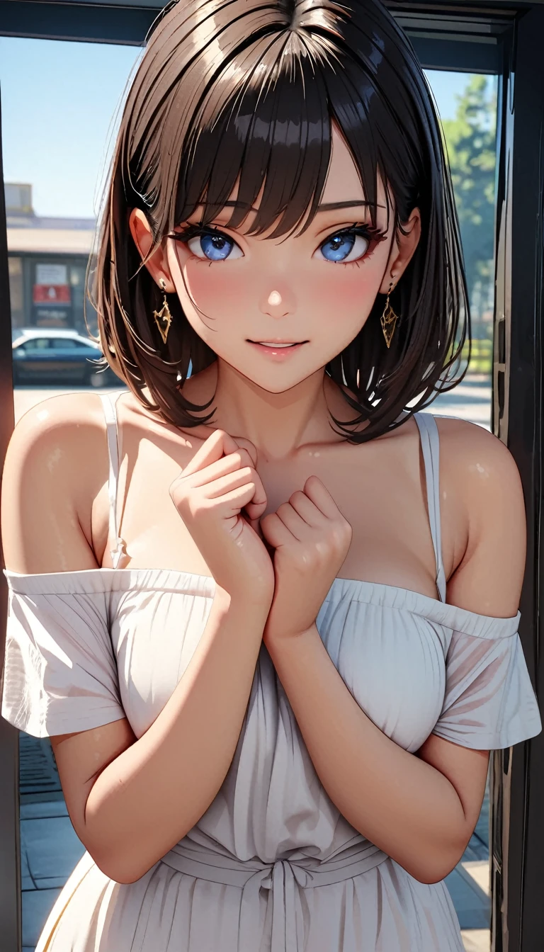 (Highest quality、masterpiece、High resolution、detailed), (Realistic skin texture:1.3), (detailedな目、Beautiful Face), 1 female, Black Hair, Blue Eyes, Delicate face, cute, Love Earrings, White Dress, Standing at the entrance to the police station, Playful, Ultra HD, masterpiece, Highest quality, Super Detail, Accurate, 3D Anime Real,, rtrophto1