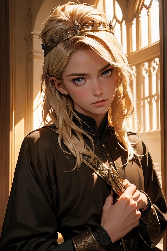 a young male knight with medium-length blond hair, wearing an epaulet, holding a sword, dressed in a medieval outfit, with plain features, hazel eyes, long eyelashes, a crown, gazing towards the camera, in a graceful pose, waist-length image, (best quality,4k,8k,highres,masterpiece:1.2),ultra-detailed,(realistic,photorealistic,photo-realistic:1.37),portrait,medieval,cinematic lighting,dramatic shadows,warm color tones
