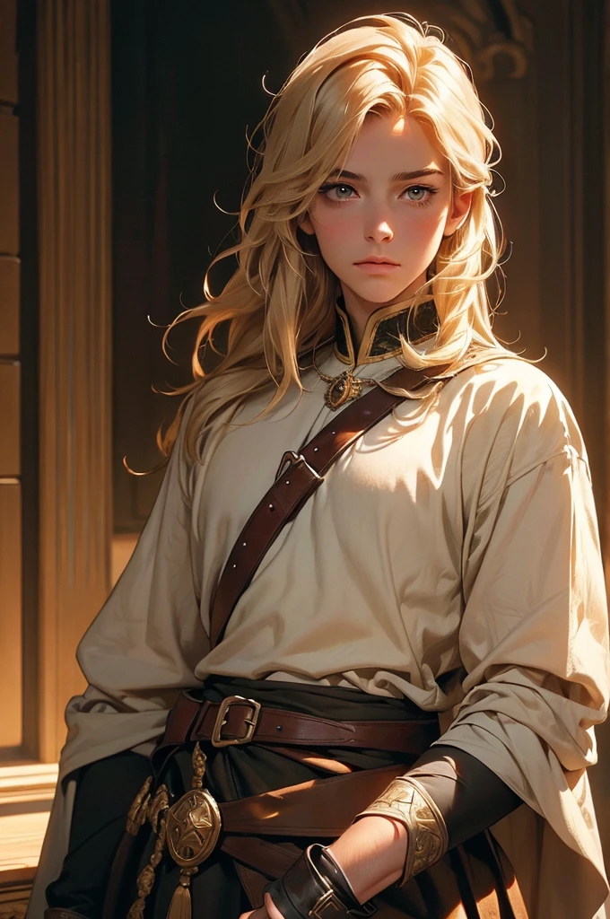 a young male knight with medium-length blond hair, wearing an epaulet, holding a sword, dressed in a medieval outfit, with plain features, hazel eyes, long eyelashes, a crown, gazing towards the camera, in a graceful pose, waist-length image, (best quality,4k,8k,highres,masterpiece:1.2),ultra-detailed,(realistic,photorealistic,photo-realistic:1.37),portrait,medieval,cinematic lighting,dramatic shadows,warm color tones