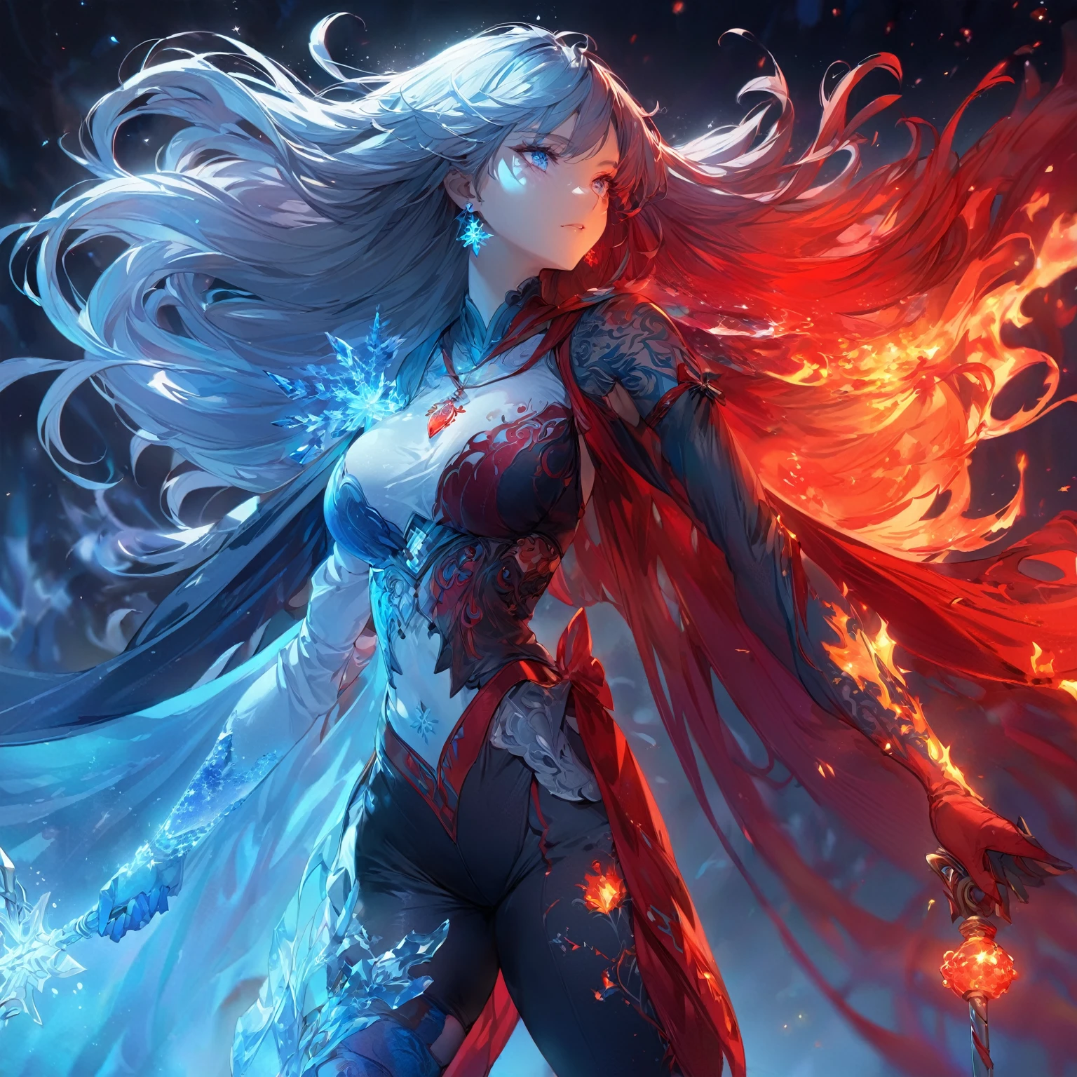 a lady with Long, flowing hair with icy blue and fiery red streaks, one ember red eye and one icy blue eye, gradient cape from icy blue to fiery red, form-fitting bodice with crystalline ice and flame motifs, asymmetrical sleeves with one frosty and one fiery, icy blue glove with frost patterns and fiery red glove with flame designs, hybrid design pants with one leg in dark fire-resistant material and the other in crystalline fabric, knee-high boots with one icy and one volcanic, dual-themed belt, snowflake and flame earrings, color-shifting pendant, aura of cold mist and flickering flames, staff or dual blades with icy crystals and molten lava, (nude:0.9) detailed gorgeous face| anime style| key visual| intricate detail| highly detailed| breathtaking| vibrant| panoramic| cinematic| Carne Griffiths| Conrad Roset| gibbli 8k