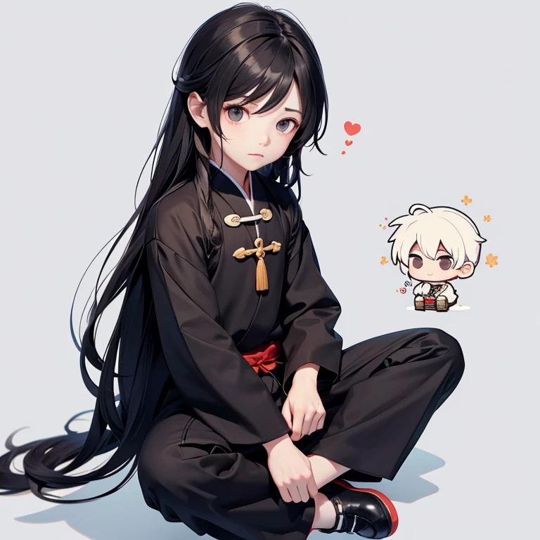 1 boy、comic, chibi, adorable，seriously, Sit Cross-legged, Zen，Front Body，（Ancient Chinese clothes：1.2），with long black hair，Black eyes，boot，Homeless clothes，white background，simple background