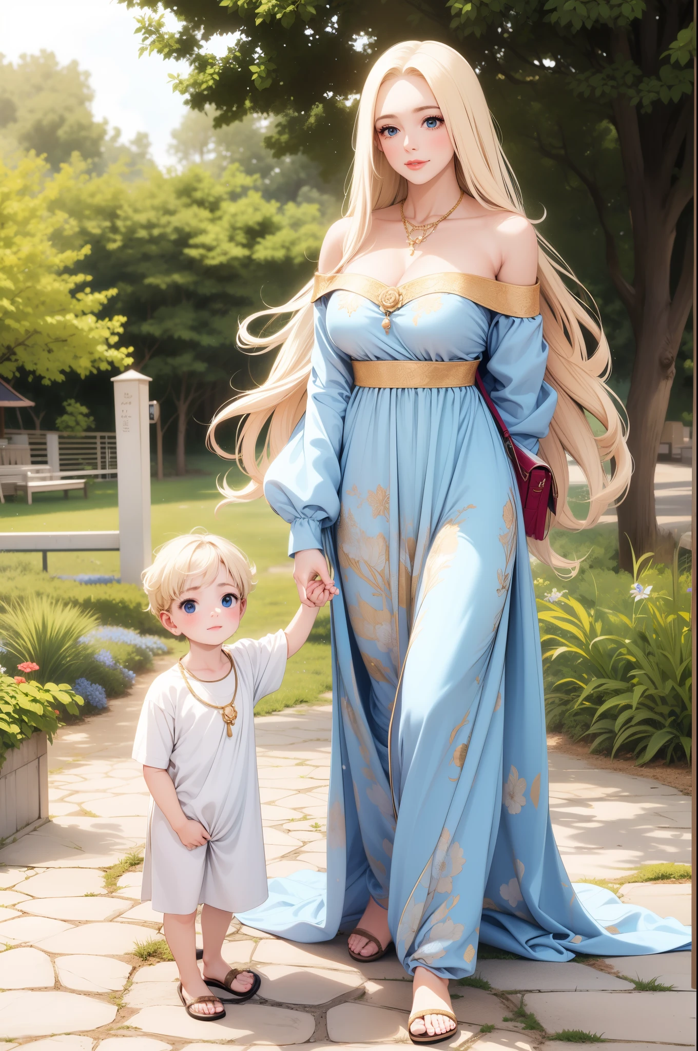 An extremely beautiful stunning mother with a perfect busty body, gold blonde long silky hair, big blue eyes, extremely super bright snow white fair stunning flawless glowing lush shiny white skin, a perfect tight hourglass figure, and a skinny waist, extremely cute smile on the face, bright pink blushes on cheeks, wearing a long cute sky-blue floral dress along, and a white off-shoulder sweater, white flip-flop sandals, gold necklace on the neck, gold anklets on feet, standing straight, holding her purse and her  son's hand, grass in the background, show full body from head to feet
