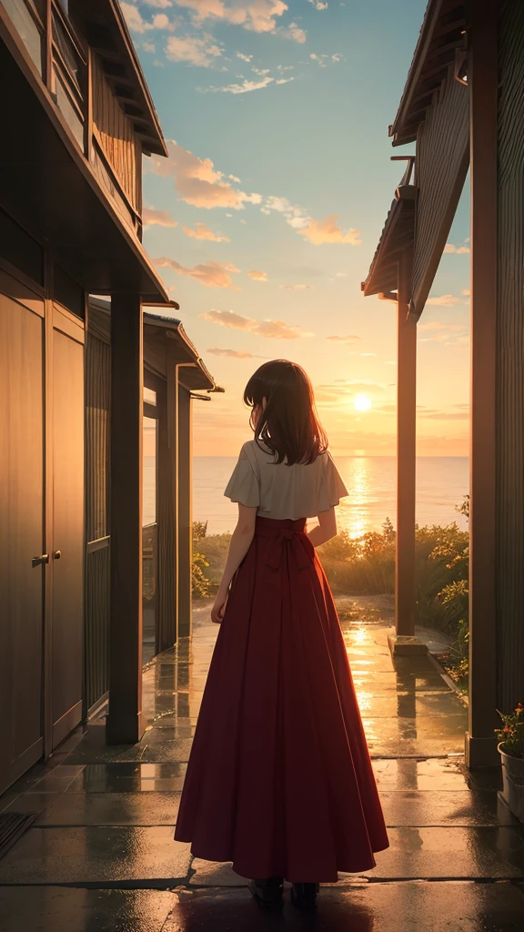 Every sunset carries the promise of a new dawn. Accept the outcome, Paving the way for a beautiful beginning. Nature painting. green, red tint, cloudy, sunset, Green: A woman is reflected、Back view,
